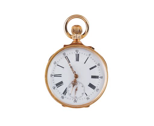 An ancient gold pocket watch isolated on a white background