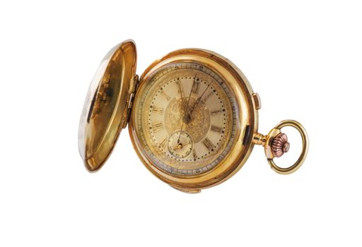 An ancient gold pocket watch isolated on a white background