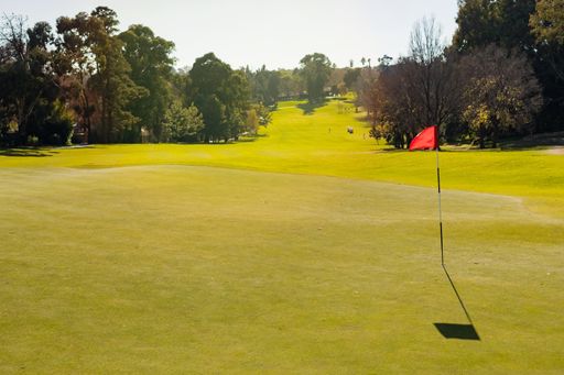 A flag in the green golf course captured in the afternoon