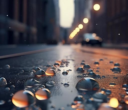 A rainy day on a city street, cars parked along the sidewalk as precipitation falls from the sky