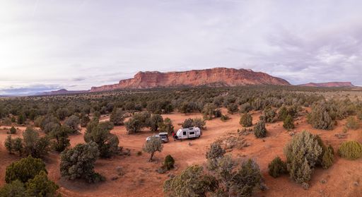 A high-angle shot of a picturesque red-rock landscape