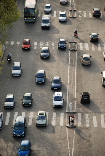 heavy traffic on Champs-Elysees viewed from above, Paris - France