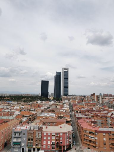 Madrid Spain. May 27, 2021. Side vertical shot from the south of the Paseo de la Castellana Towers in Madrid.