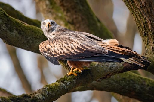 A closeup of a hawk perched on a mossy tree