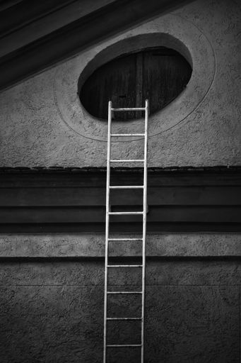 A metallic ladder on the wall in grayscale