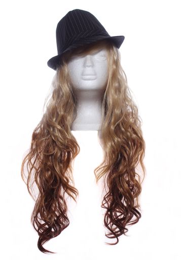 A vertical shot of a Classic Fedora hat on a mannequin head with a honey blonde wig