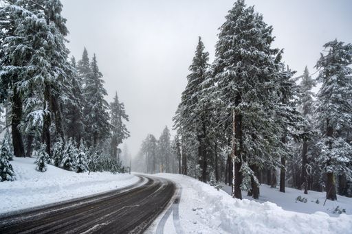 A winding road in the wintertime forest leading to Crater Lake. Oregon, USA