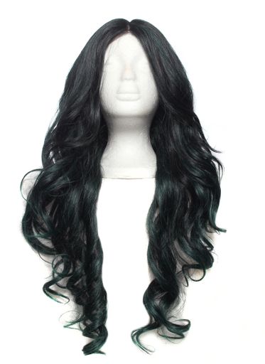 A vertical shot of a black and green wig on a mannequin head on a white background