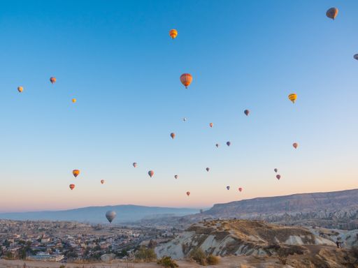 The hot air balloons flying over spectacular Cappadocia in Turkey