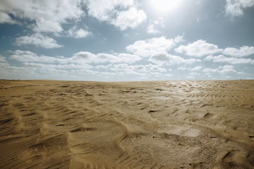 A closeup shot of sandy landscape with beautiful skyline with clouds and sunlight