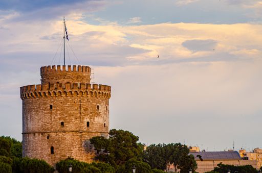 A beautiful view of the White Tower of Thessaloniki at sunset, Greece