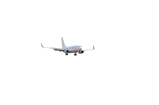 A closeup shot of an airplane isolated on white background