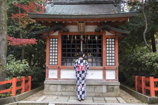Kyoto, Japan- 27 Nov, 2019: Woman in kimono pulling the bell-rope as a sign of devotion at the Yasaka jinja shrine in Kyoto.