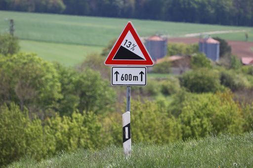 A closeup shot of a road sign - steep descent after 600 meters