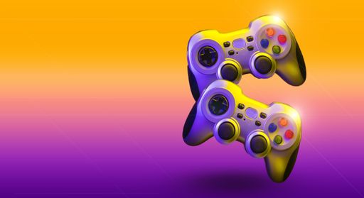 The two game controllers levitating against a multi-colored illuminated background - video gaming concept