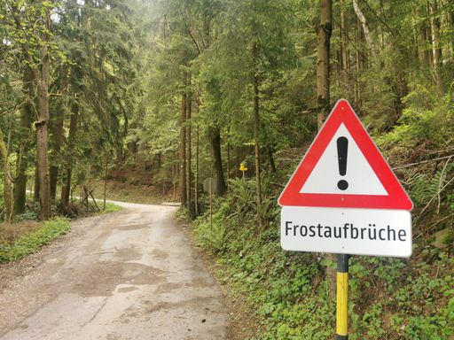 A selective focus of a German road sign means frost breakouts in the forest