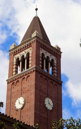 Mudd Hall clock tower at University of Southern California campus.