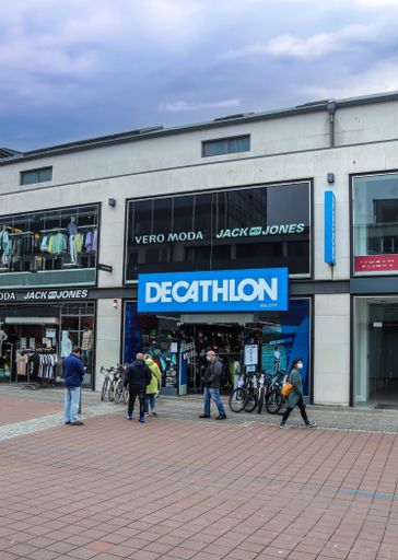 Kiel, Germany - 01.June 2021: Entrance of a Decathlon Store in the city of Kiel in Germany