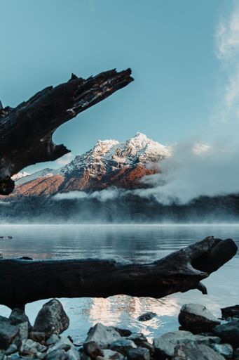 A lake in the Nahuel Huapi National Park surrounded by rocky mountains