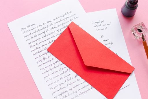 A top view of a red envelope with a love letter for Valentine's day on a pink background