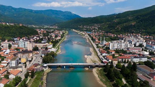A beautiful Drina river with bridges in Gorazde, Bosnia and Herzegovina on a sunny day