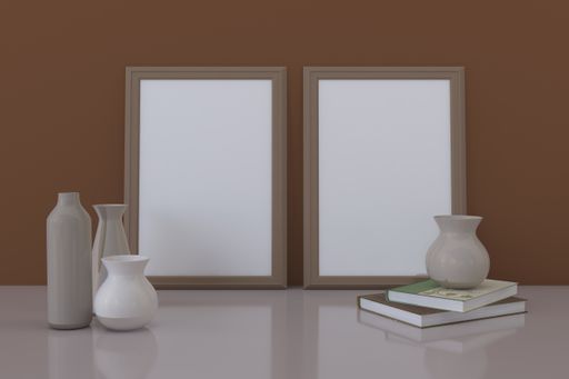 A closeup shot of frames with vases and books on the shelf