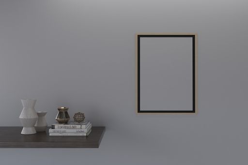 A closeup shot of a black frame with decorative items on the shelf