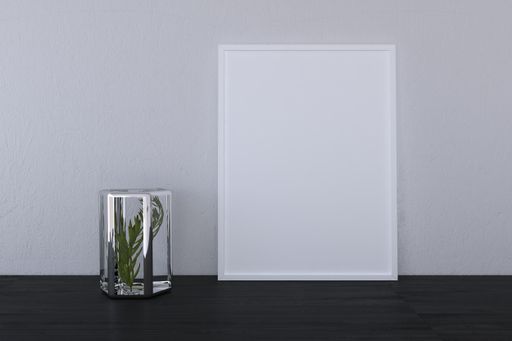 A closeup shot of a decorative plant next to a white frame on a gray wall background