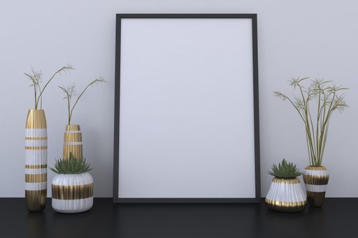 A closeup shot of a black frame with vases on the shelf