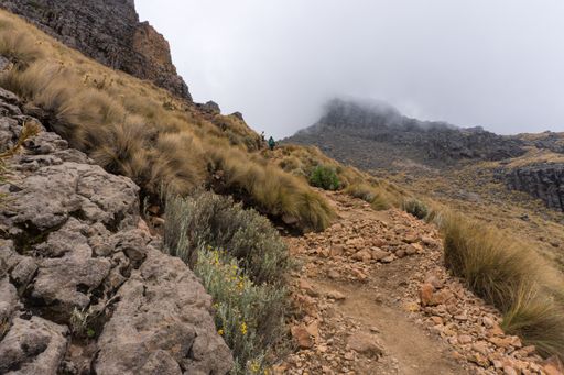 A beautiful view of the rocky trail to the Iztaccihuatl volcano in mist