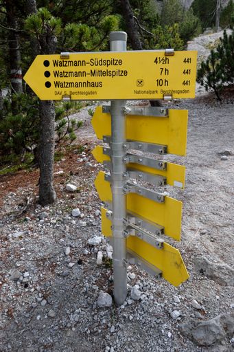 signpost towards Watzmann and Watzmannhaus refuge at Wimbachgries valley, Berchtesgaden national park, Bavaria, Germany