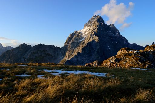 Famous Mt. Watzmann from the south side at sunset, from peak of Mt. Hirschwieskopf, Berchtesgaden national park, Bavaria, Germany