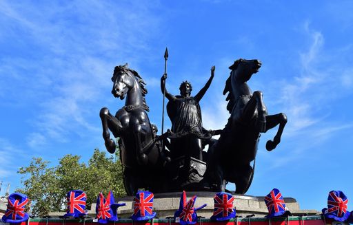 Bronze monument statue of Boadicea and Her Daughters, in London on a sunny summer day. Boadicea Queen of the Celtic Iceni Tribe.