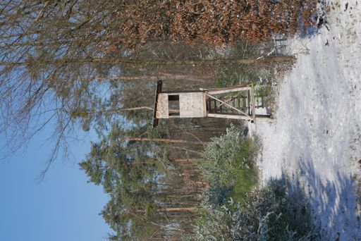 Snowy trail leading to a wooded area with a hunting blind in the center
