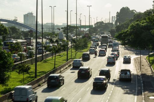 Daytime urban view of a busy avenue in a big city, with cars, buses and trucks. Lots of lampposts, trees and backlight