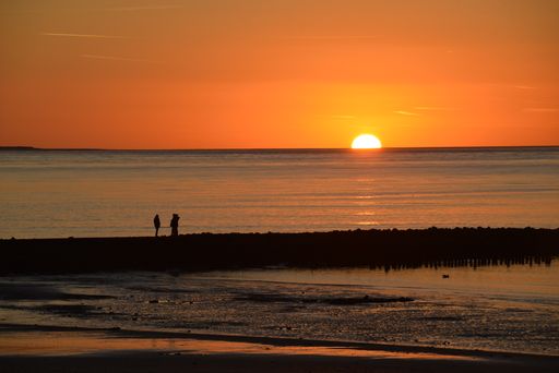 A beautiful golden sunset shining over the ocean with two people enjoying themselves on the shore
