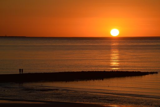 A vibrant golden sunset shining upon the beach with two people talking along the shore