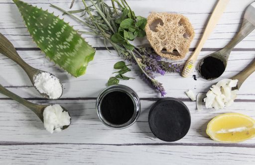 group of vegetable ingredients to make natural cosmetics with activated carbon