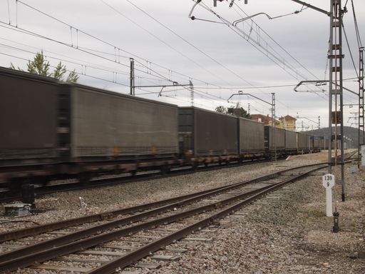 A freight train goes along the railway tracks