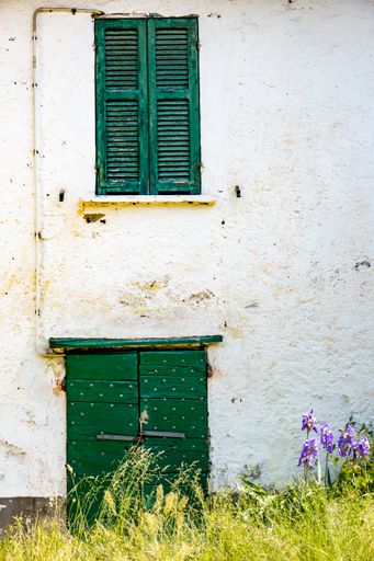 a vertical shot of green shuttered windows and door on an old building