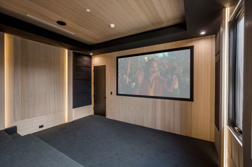 Cozy home theater with comfy sofas and a large screen for the ultimate cinematic experience