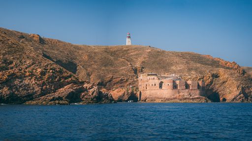 Berlengas Islands. Peniche, the waters of the Atlantic and the Fort of San Juan Bautista.