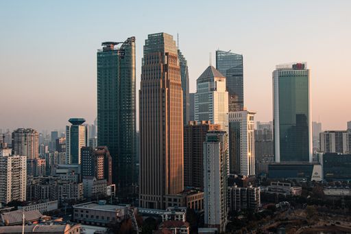 A scenic view of skyscrapers in Wuhan Financial District, China at sunset