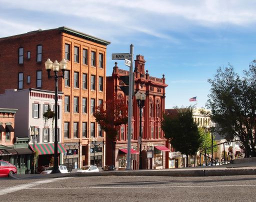 View of downtown Geneva, New York from the corner of Seneca and main Streets