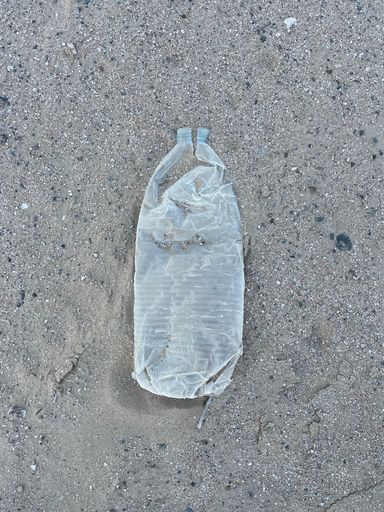 A plastic bottle in sand symbolizing environmental issues