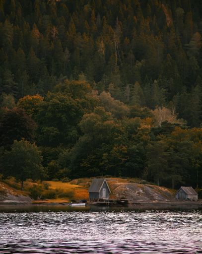 A vertical shot of a cozy lakeside hut nestled amidst a majestic mountain with trees