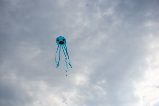 A closeup shot of a kite with a face in a cloudy sky