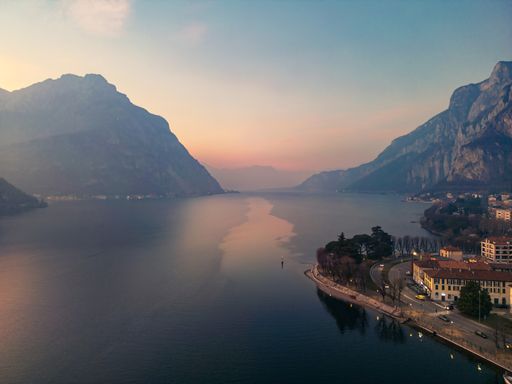 An aerial photo of Lake Como as seen from the city of Lecco