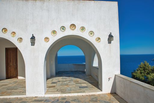 White traditional church, with modern architecture, on the island of Skiathos, Greece. Saint Alexander