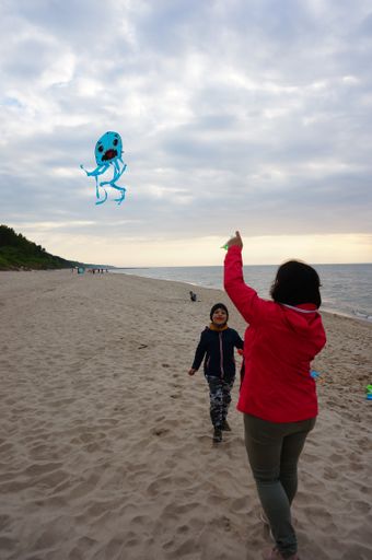 Woman and two kids having fun with a blue kite on sand at a beach.
